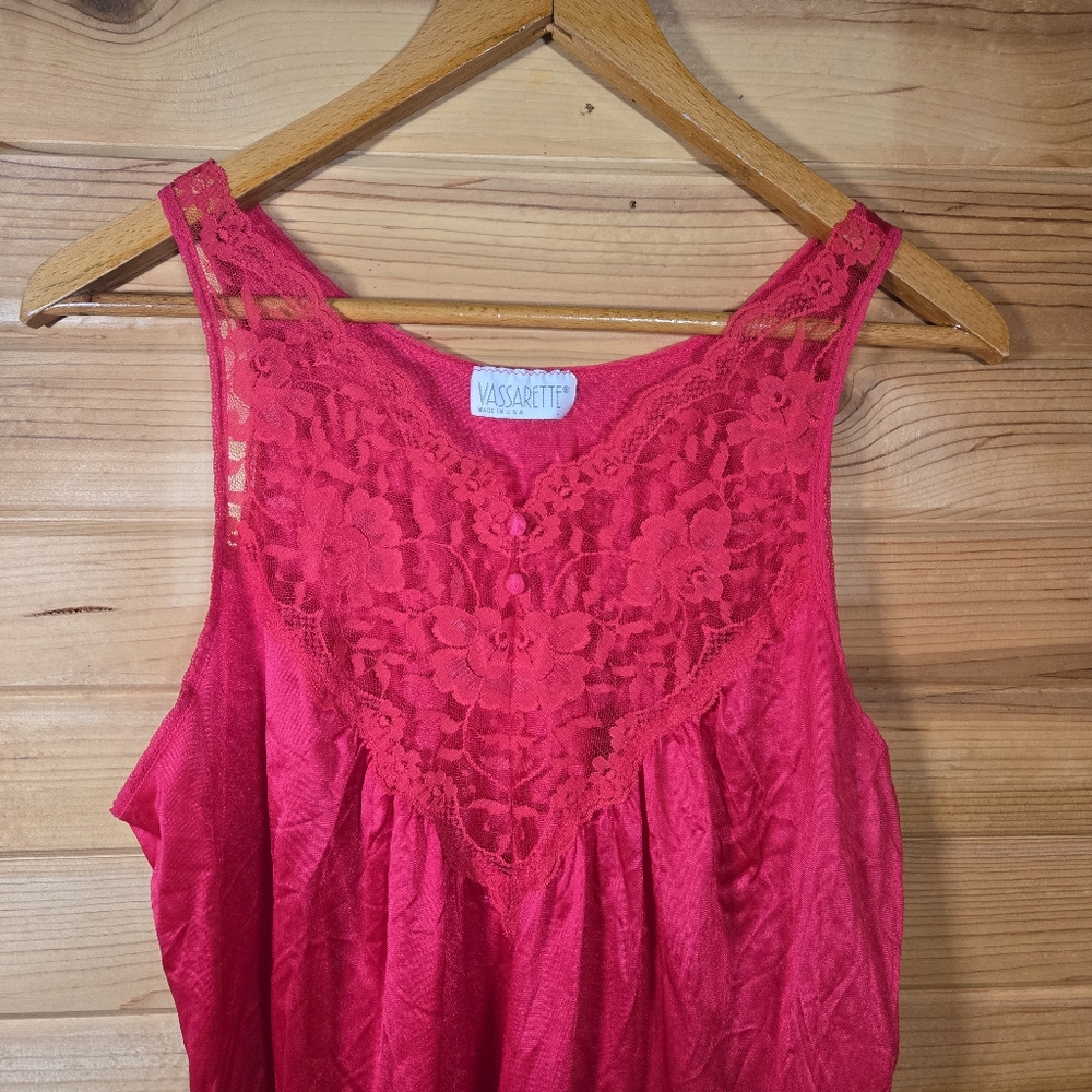 Vassarette Vintage Lace Satin Nightgown Red Womens Large USA Nylon Sexy Siren